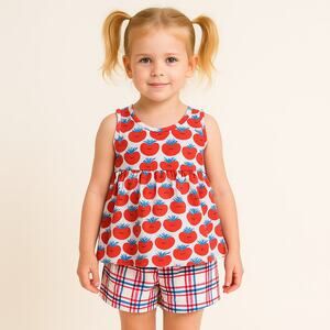 Hanna Anderson Strawberry and Plaid Girl's Shorts and Tank Set size 12
